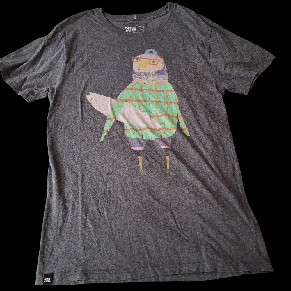 Dedicated Organic Cotton Plaid-Wearing Surf Animal Graphic Tee - Size L